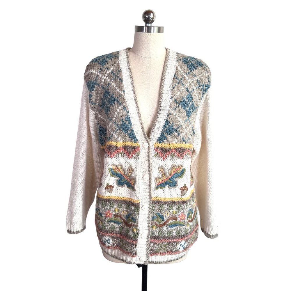 vintage 90s argyle floral cardigan sweater M/L grunge korea cute artsy nerd vtg